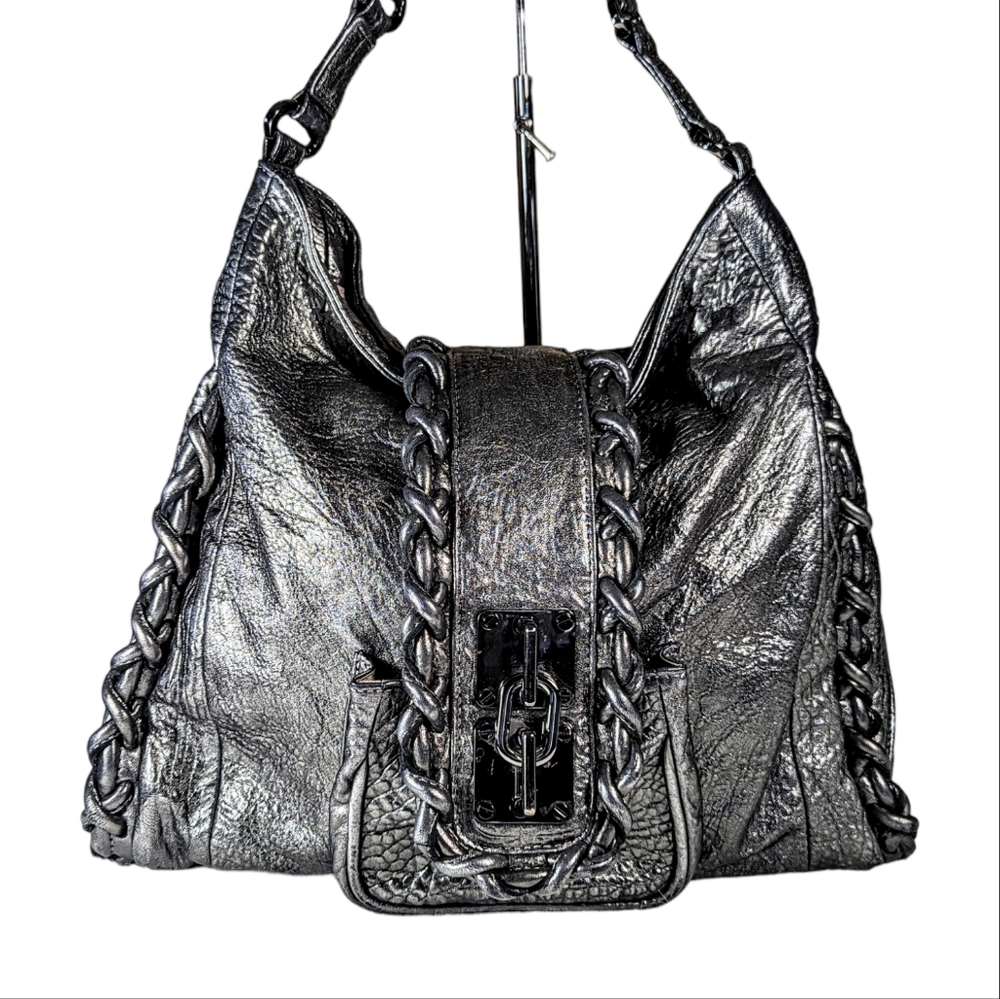 Vintage Treesje Silver Metallic Leather Shoulder Bag Handbag Gun Metal Hardware